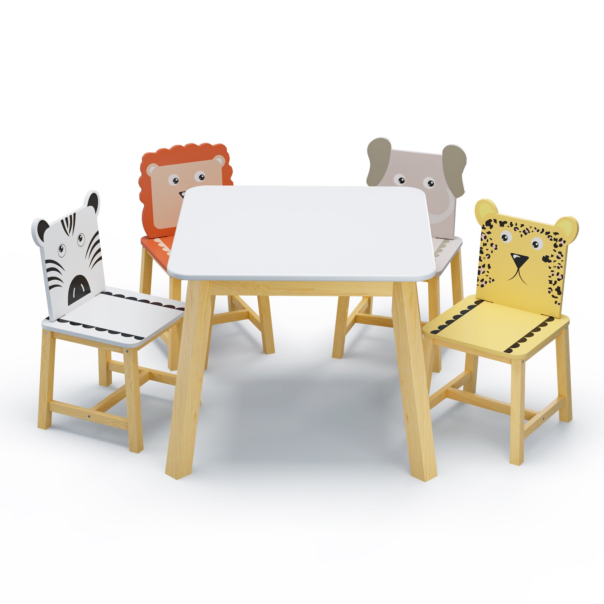 5 Pcs Solid Wood Kiddie Dining and Playing Table and Chair Set- White