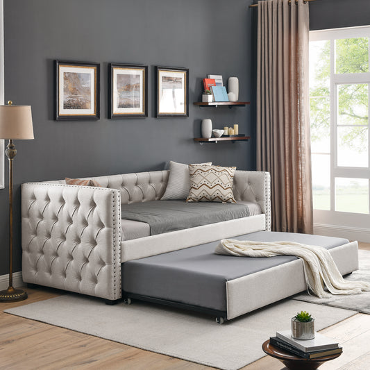 Twin Size Daybed with Trundle Upholstered Tufted Sofa Bed with Button and Copper Nails- Beige