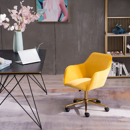 360° Revolving Modern Design Velvet Home and Office Chair with Metal Legs- Yellow