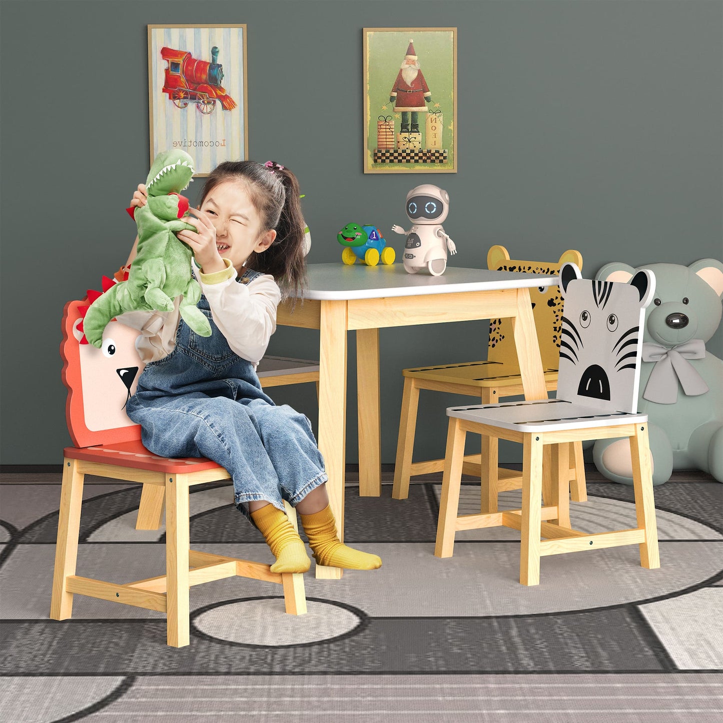 5 Pcs Solid Wood Kiddie Dining and Playing Table and Chair Set- White