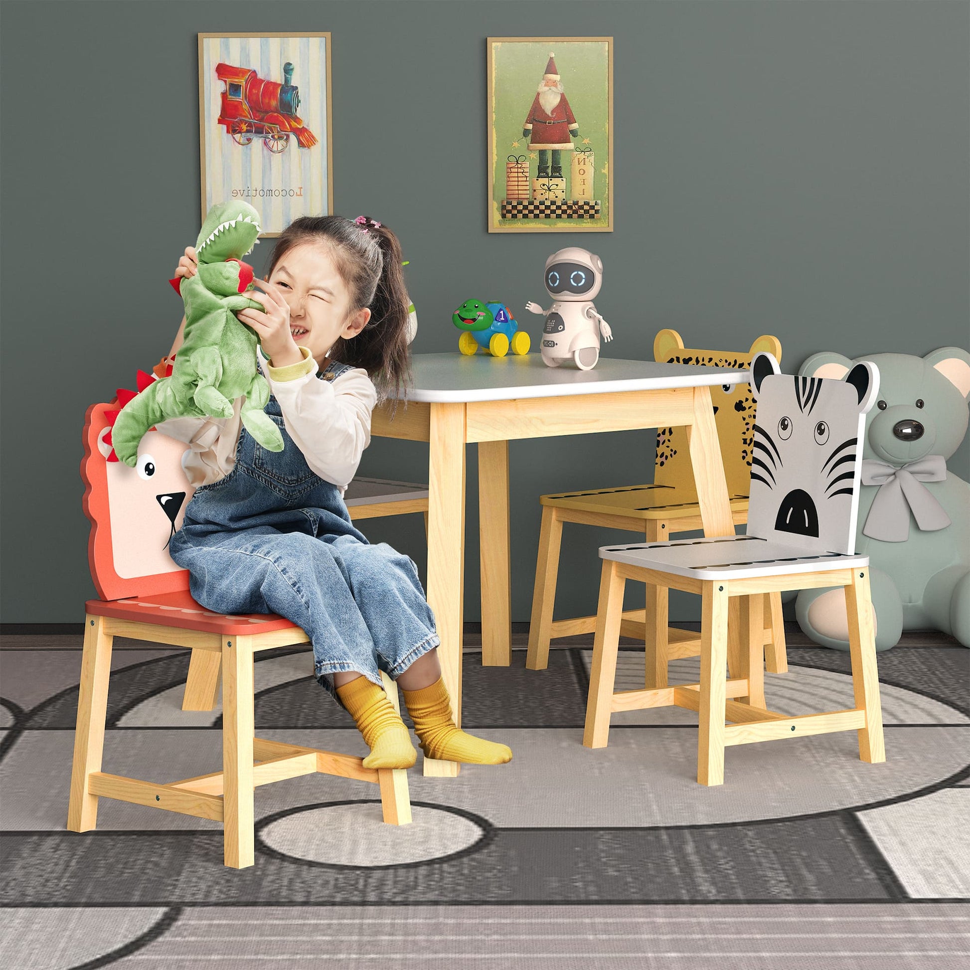 5 Pcs Solid Wood Kiddie Dining and Playing Table and Chair Set- White