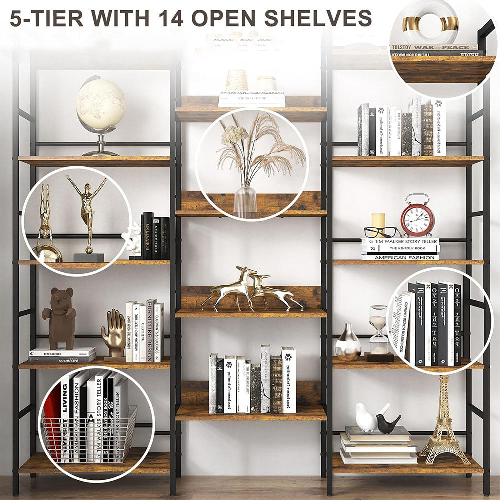 Triple Wide 5-Tier Industrial Bookshelf - Rustic Brown