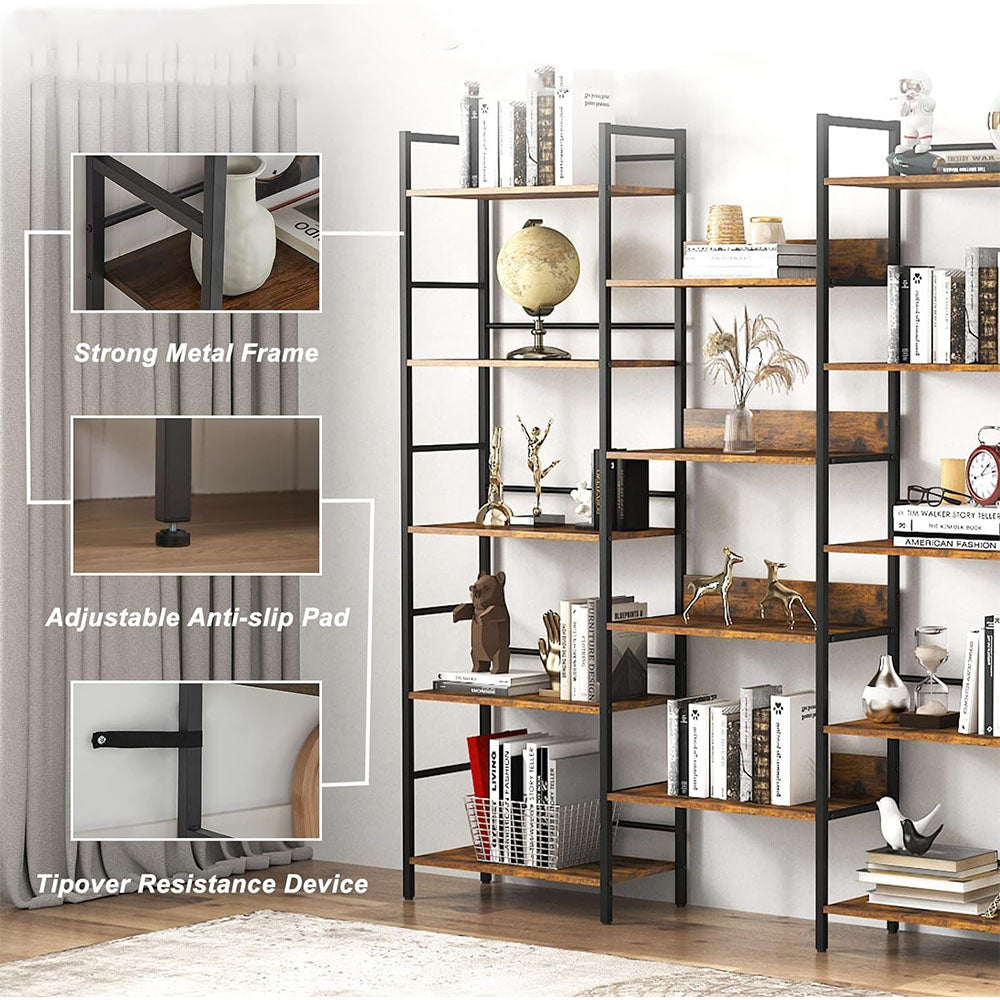 Triple Wide 5-Tier Industrial Bookshelf - Rustic Brown