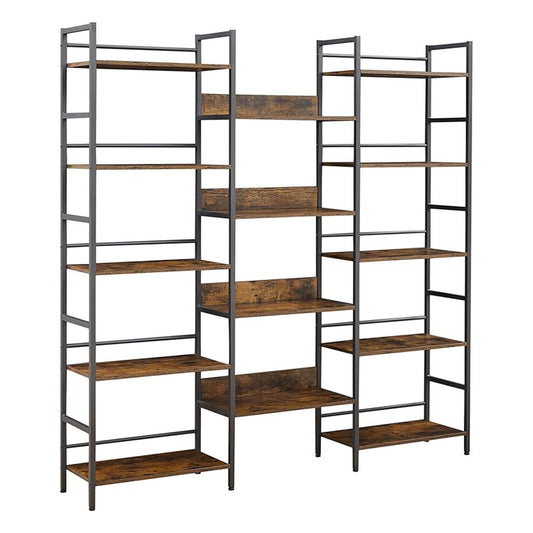 Triple Wide 5-Tier Industrial Bookshelf - Rustic Brown