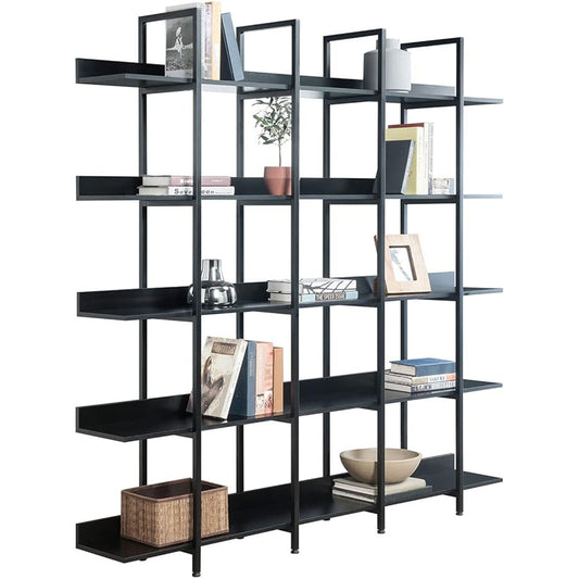 5-Tier Industrial Bookshelf with Metal Frame - Black