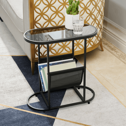 Set of 2 Glass Oval Side Tables Living Room Magazine Organizer