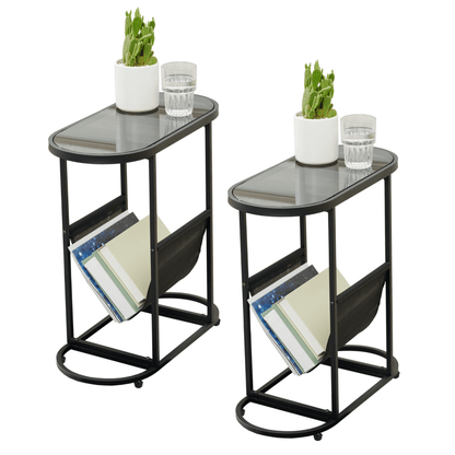 Set of 2 Glass Oval Side Tables Living Room Magazine Organizer
