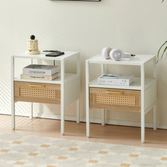Set of 2 White Rattan End Tables with Power Outlet & USB Ports 15.75 Inch