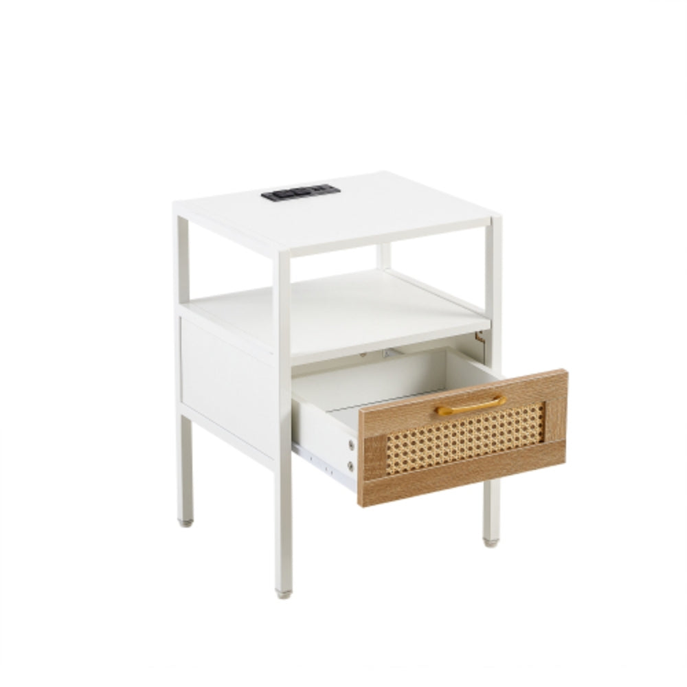 Set of 2 White Rattan End Tables with Power Outlet & USB Ports 15.75 Inch