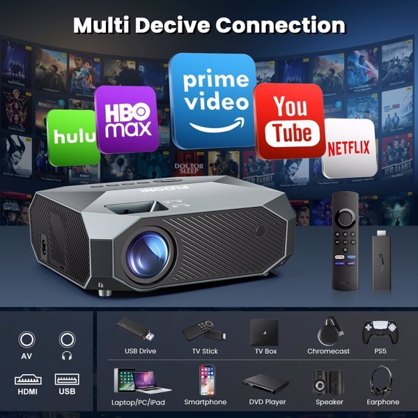 Projector With 5G WiFi And Bluetooth Native 1080P Supports 4K Suitable For Mobile Phones,PCs,TV Sticks,PS5